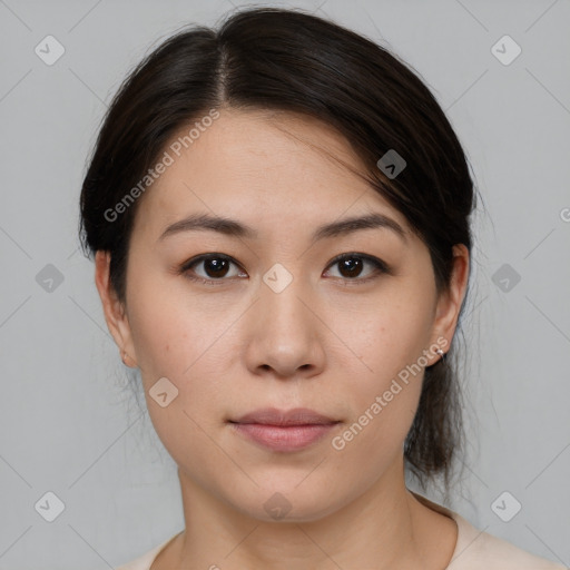 Neutral white young-adult female with medium  brown hair and brown eyes