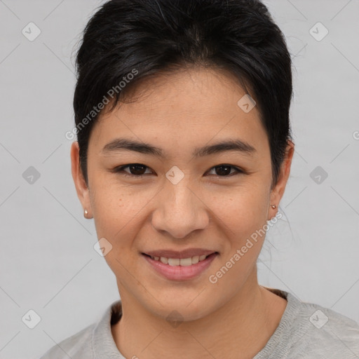 Joyful asian young-adult female with short  brown hair and brown eyes