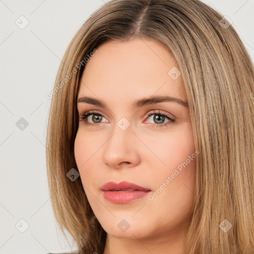 Neutral white young-adult female with long  brown hair and brown eyes