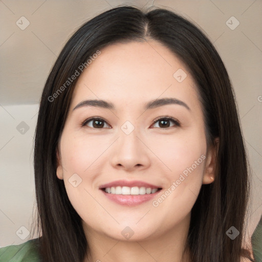 Joyful white young-adult female with long  black hair and brown eyes