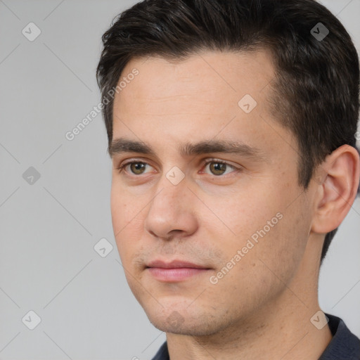 Neutral white young-adult male with short  brown hair and brown eyes