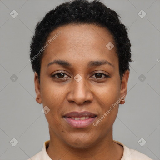 Joyful latino young-adult female with short  black hair and brown eyes