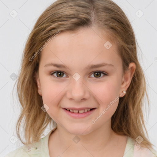 Joyful white child female with medium  brown hair and brown eyes