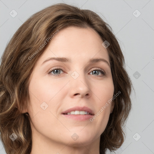 Joyful white young-adult female with medium  brown hair and green eyes