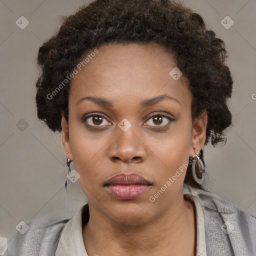 Neutral black young-adult female with short  black hair and brown eyes