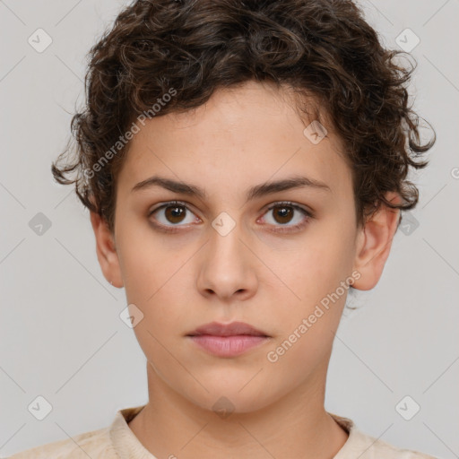 Neutral white young-adult female with short  brown hair and brown eyes