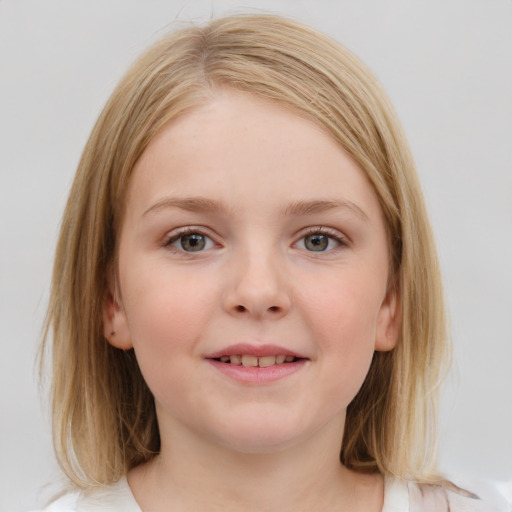 Joyful white child female with medium  brown hair and blue eyes