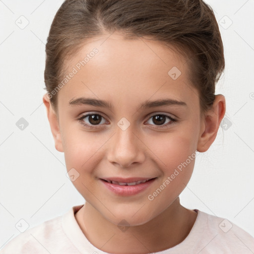 Joyful white child female with short  brown hair and brown eyes