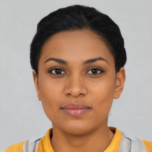 Neutral latino young-adult female with short  black hair and brown eyes