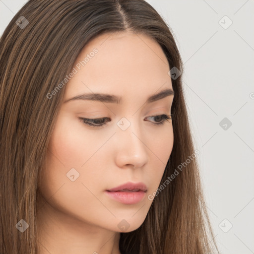 Neutral white young-adult female with long  brown hair and brown eyes