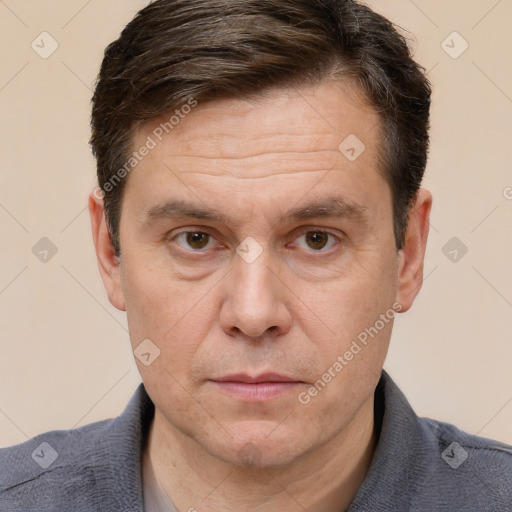 Neutral white adult male with short  brown hair and brown eyes