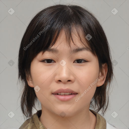 Neutral asian young-adult female with medium  brown hair and brown eyes