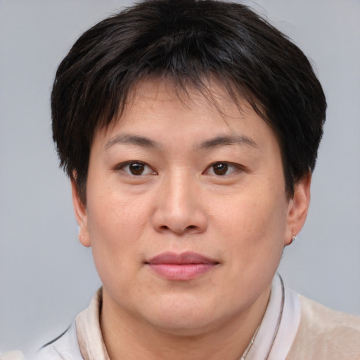 Joyful asian young-adult female with short  brown hair and brown eyes