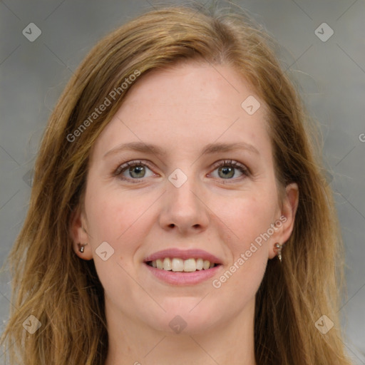 Joyful white young-adult female with long  brown hair and grey eyes