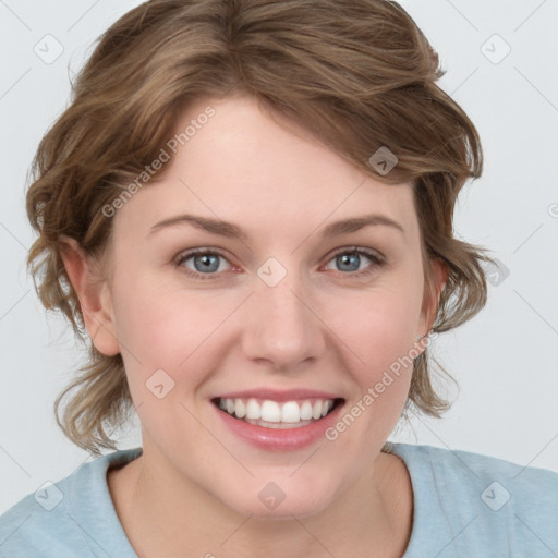 Joyful white young-adult female with medium  brown hair and blue eyes