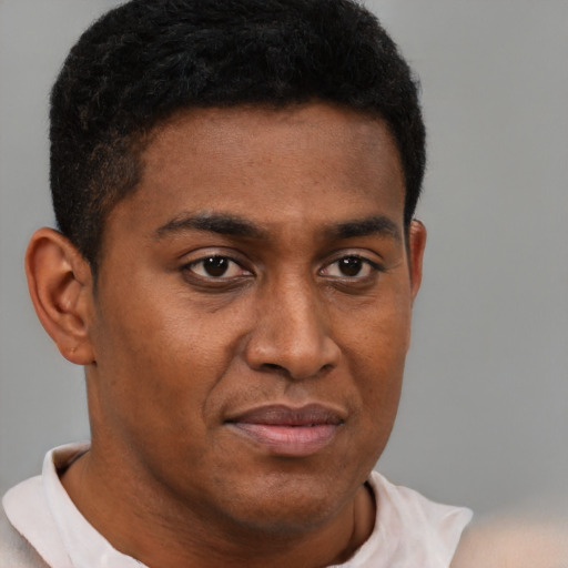 Neutral black young-adult male with short  brown hair and brown eyes