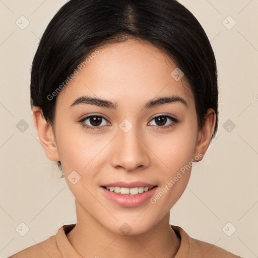 Joyful white young-adult female with medium  brown hair and brown eyes