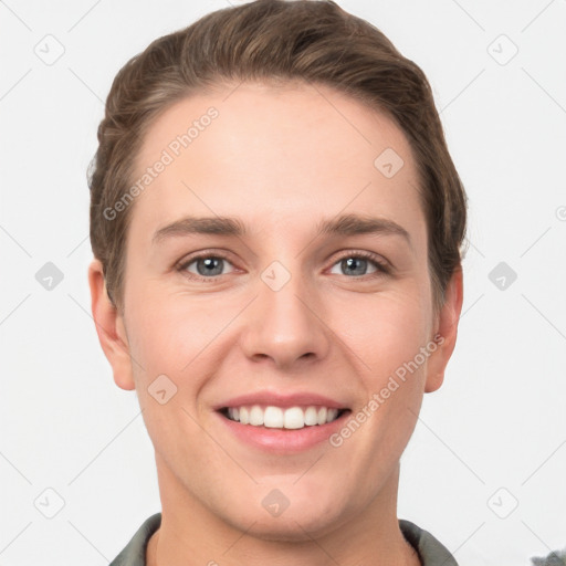 Joyful white young-adult female with short  brown hair and grey eyes