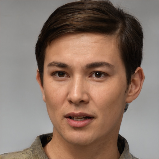 Joyful white young-adult female with short  brown hair and brown eyes
