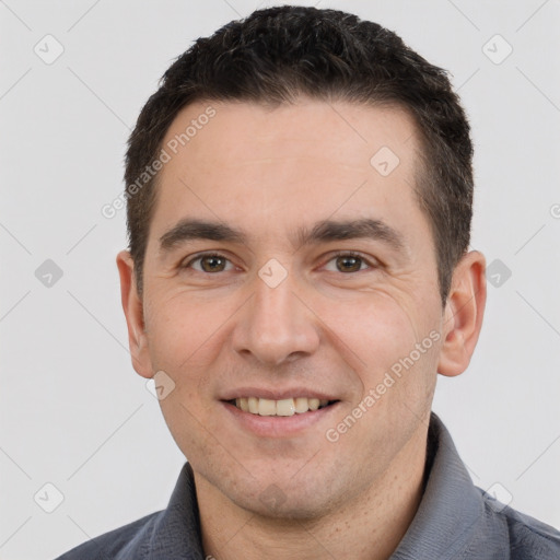 Joyful white young-adult male with short  brown hair and brown eyes