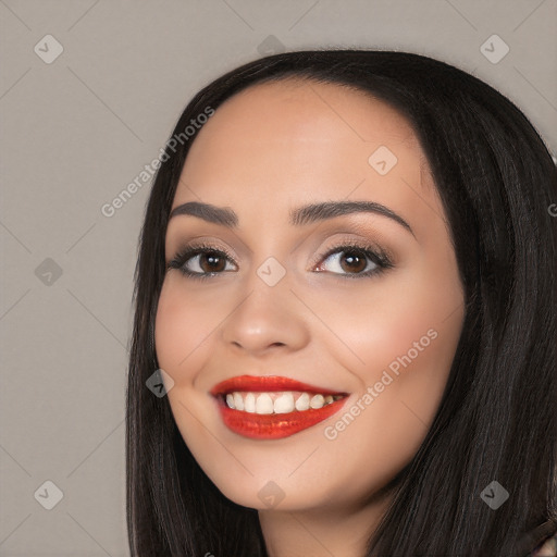 Joyful white young-adult female with long  black hair and brown eyes