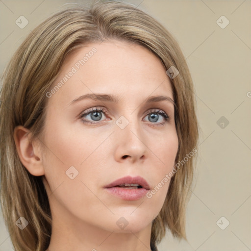 Neutral white young-adult female with medium  brown hair and grey eyes