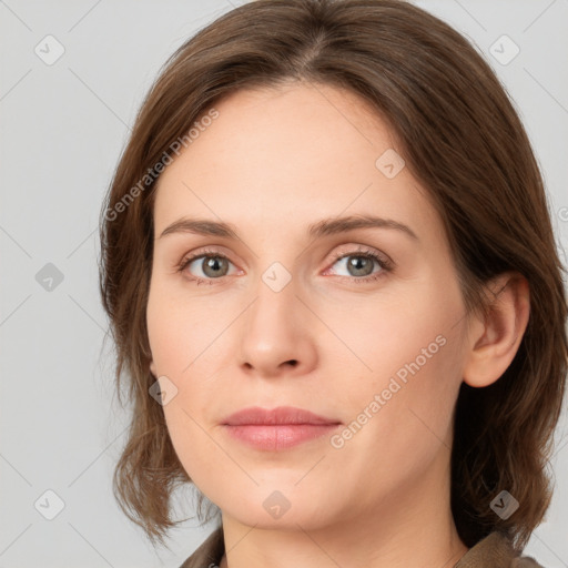 Neutral white young-adult female with medium  brown hair and grey eyes