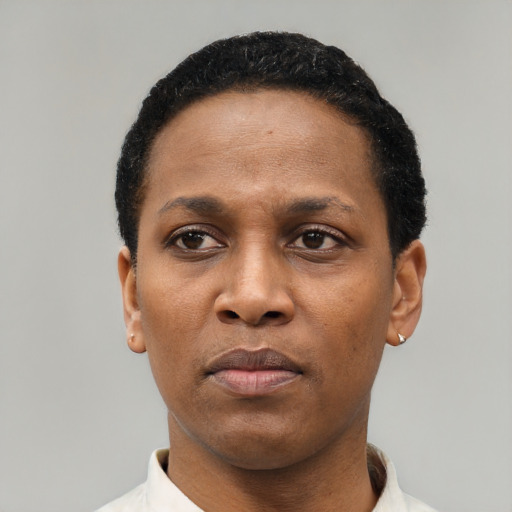 Neutral black young-adult female with short  black hair and brown eyes