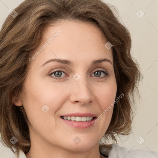 Joyful white young-adult female with medium  brown hair and green eyes