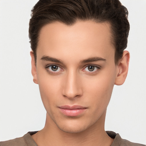 Neutral white young-adult male with short  brown hair and brown eyes