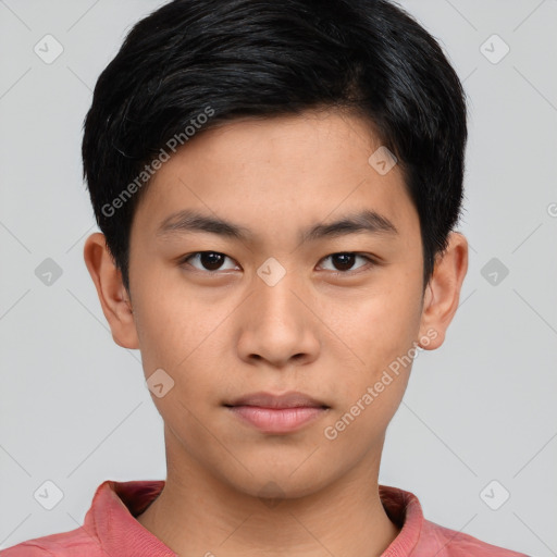 Neutral asian young-adult male with short  black hair and brown eyes