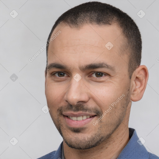 Joyful white young-adult male with short  brown hair and brown eyes