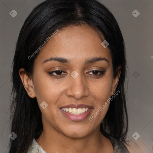 Joyful latino young-adult female with medium  brown hair and brown eyes