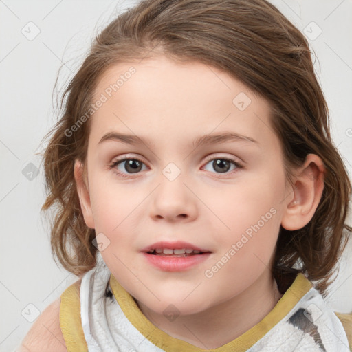 Joyful white child female with medium  brown hair and blue eyes