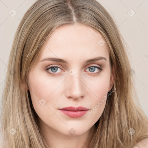 Neutral white young-adult female with long  brown hair and grey eyes