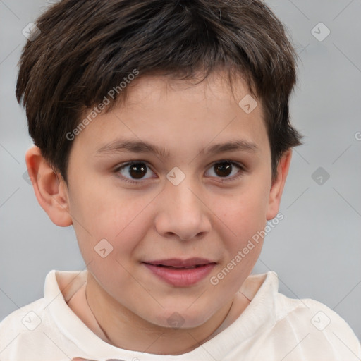 Joyful white child male with short  brown hair and brown eyes