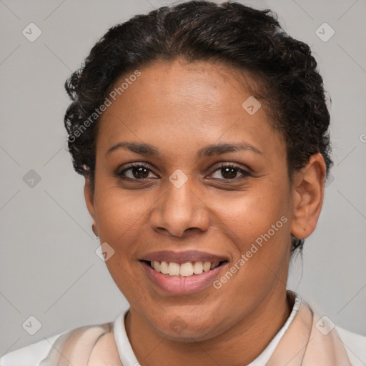 Joyful latino young-adult female with short  brown hair and brown eyes