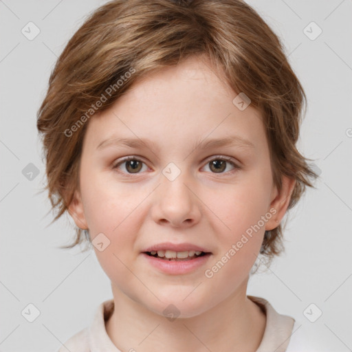 Joyful white child female with medium  brown hair and brown eyes