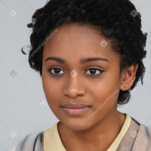 Neutral black young-adult female with short  black hair and brown eyes