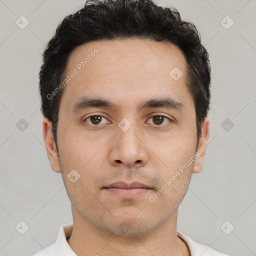 Neutral asian young-adult male with short  black hair and brown eyes