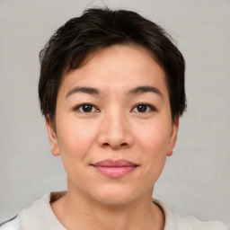 Joyful asian young-adult female with short  brown hair and brown eyes