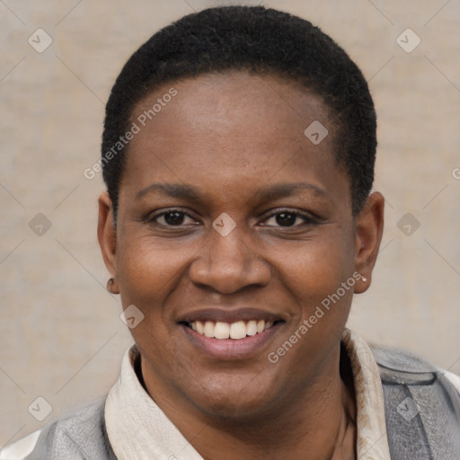 Joyful latino young-adult female with short  black hair and brown eyes