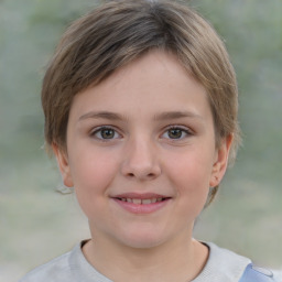 Joyful white child female with short  brown hair and brown eyes