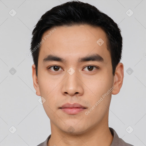 Neutral asian young-adult male with short  black hair and brown eyes