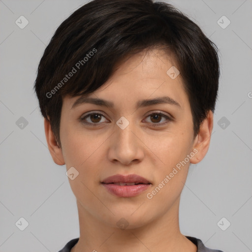 Joyful white young-adult female with short  brown hair and brown eyes