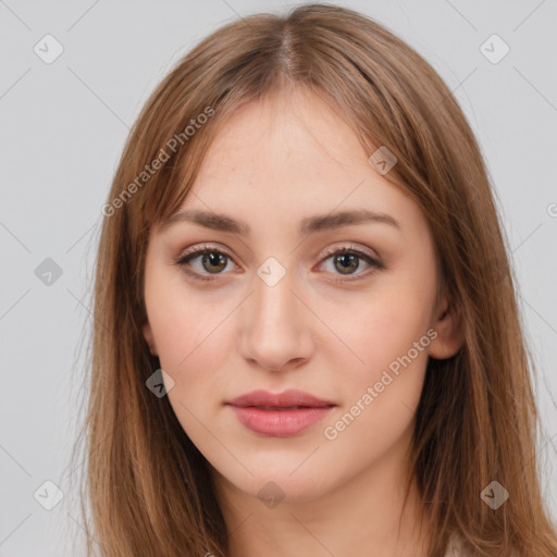 Neutral white young-adult female with long  brown hair and brown eyes