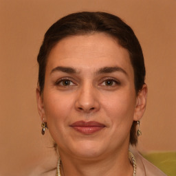 Joyful white adult female with short  brown hair and brown eyes