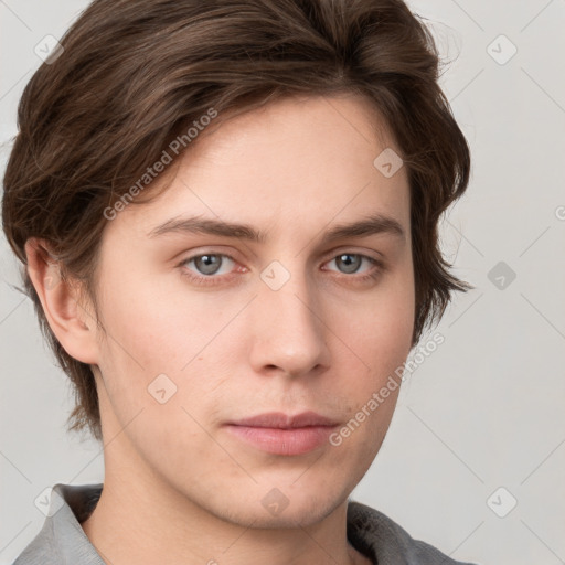 Neutral white young-adult male with short  brown hair and grey eyes