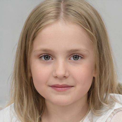 Joyful white child female with medium  brown hair and grey eyes