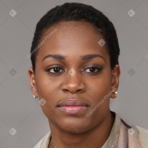 Neutral black young-adult female with short  black hair and brown eyes